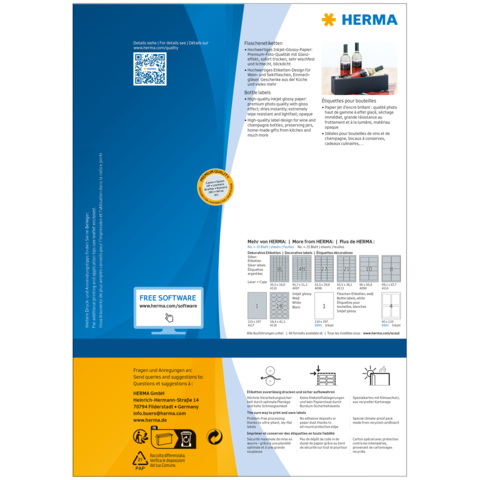 Produktinformation für HERMA Etiketten, einschließlich QR-Code, Anwendungshinweisen und Softwareangebot. Enthält Beispiele für Etikettenlayouts.