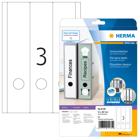 Ordneretiketten für Aktenordner, mit Beschriftungen für "Finanzen" und "Rezepte". Enthält 75 Etiketten in verschiedenen Größen.
