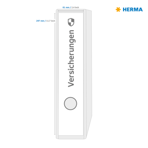 Ein weißer Ordner mit der Aufschrift "Versicherungen" und Abmessungen von 297 mm x 61 mm x 65 mm.
