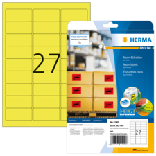 Neon-Etiketten auf einem Bogen mit der Nummer 27, verpackt in einer transparenten Hülle von HERMA.