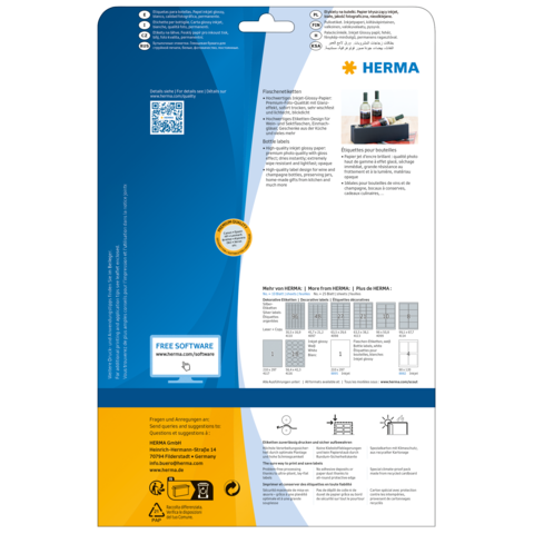 Rückseite einer Verpackung mit Informationen zu HERMA Produkten, einschließlich QR-Code und Hinweisen zur kostenlosen Software.