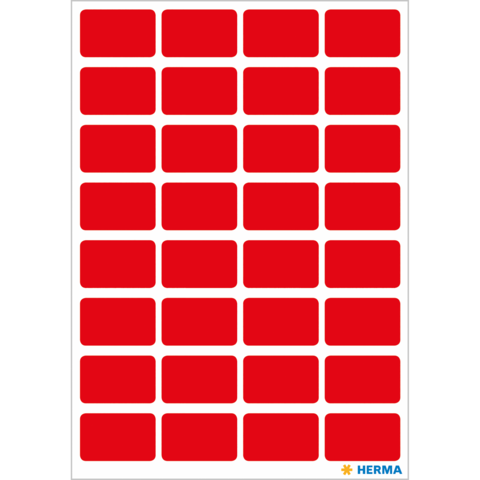 Ein Bogen mit roten Aufklebern in rechteckiger Form, angeordnet in mehreren Reihen und Spalten. Markenname "HERMA" in der unteren Ecke.