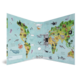 Weltkarte mit Tieren, die verschiedene Kontinente und Ozeane zeigt, einschließlich Illustrationen von Tieren und geografischen Bezeichnungen.