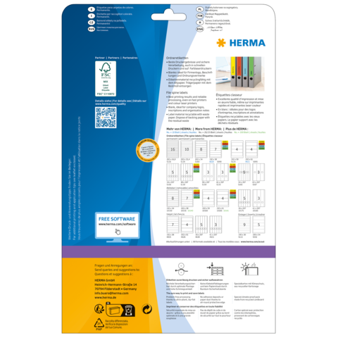Rückseite einer Verpackung von HERMA mit Informationen zu Produkten, Software und Anwendungshinweisen. Enthält Diagramme zur Nutzung.