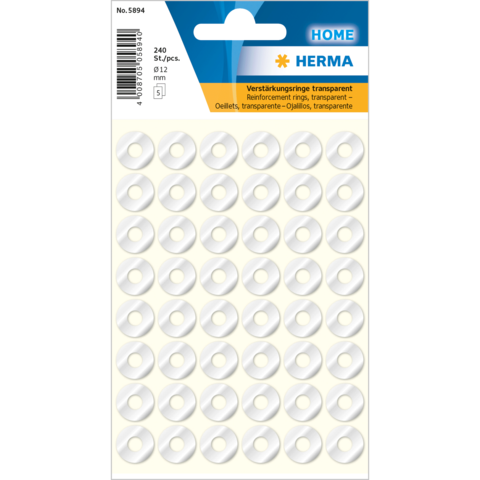 Transparente Verstärkungsringe auf einem Bogen, insgesamt 240 Stück, Durchmesser 12 mm. Ideal zum Verstärken von Löchern in Papier.