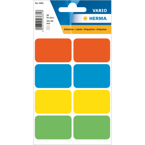 Bunte Etiketten in verschiedenen Farben (orange, blau, gelb, grün) auf einem Bogen, insgesamt 40 Stück, Größe 26x40 mm.