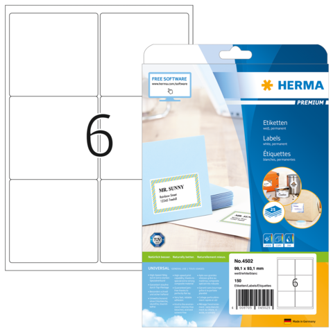 Etikettenpackung von Herma mit 150 Etiketten, Größe 99,1 x 191 mm, inklusive Beispieletikett „MR. SUNNY“.