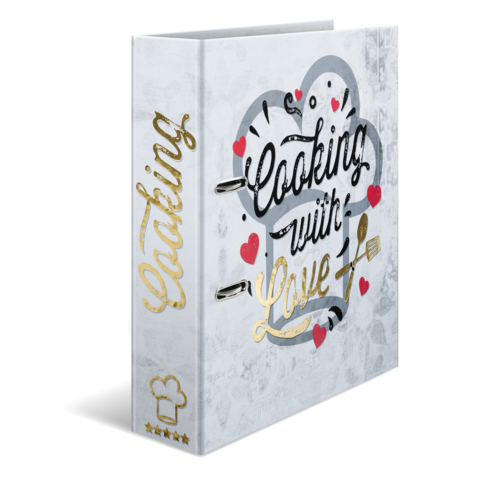 Rezeptordner mit der Aufschrift "Cooking with Love" und einem herzförmigen Design, verziert mit Kochutensilien und Herzen.