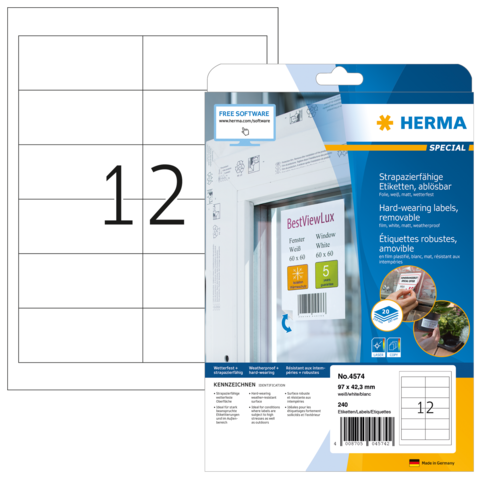 Strapazierfähige, ablösbare Etiketten von Herma, Packung mit 240 Etiketten, geeignet für verschiedene Anwendungen, inklusive Softwarehinweis.