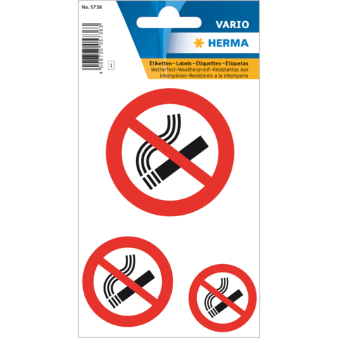 Drei Rauchverbot-Symbole in rotem Kreis auf einem Etikettenblatt, mit dem Hinweis auf Wetterfestigkeit.