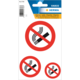 Drei Rauchverbot-Symbole in rotem Kreis auf einem Etikettenblatt, mit dem Hinweis auf Wetterfestigkeit.