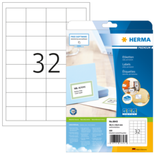 Etikettenpackung von Herma mit 32 Etiketten, inklusive Beispieletikett für "MR. SUNNY" und Hinweis auf kostenlose Software.