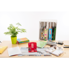 Ein Schreibtisch mit Büromaterialien, darunter ein roter Aktenordner, Notizbücher, eine Pflanze und ein Hefter.