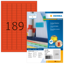 Rote Etiketten auf einem Bogen mit der Nummer 189, verpackt in einer transparenten Hülle. Enthält Informationen zu Software und Anwendung.