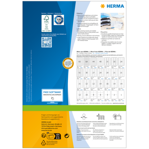 Produktinformationen von HERMA, einschließlich QR-Code, Software-Hinweis und eine Tabelle mit Größenangaben für Etiketten.