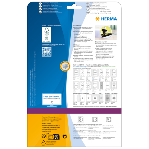 Rückseite einer Verpackung für CD-Etiketten von HERMA, mit Anleitungen, QR-Code und Informationen zur kostenlosen Software.