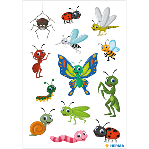 Bunte Insekten und Tiere, darunter eine Schmetterling, Ameisen, Käfer, eine Schnecke und ein Wurm, in verschiedenen Posen und Farben.