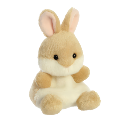 Ein süßer, kuscheliger Hase in Beige- und Weißtönen, der aufrecht sitzt und große Ohren hat.