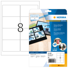 Blatt mit glänzenden Etiketten, 8 Etiketten pro Seite, verpackt in einer transparenten Hülle. Enthält Software-Hinweis.