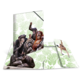 Eine Gruppe von Affen, darunter Schimpansen und ein Orang-Utan, posiert auf einem Notizbuch mit einem Blattmuster im Hintergrund.
