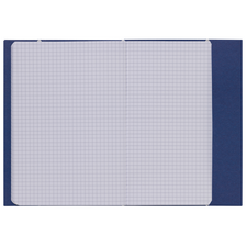 Ein offenes kariertes Notizbuch mit blauen Einband und leeren, quadratischen Kästchen auf beiden Seiten.