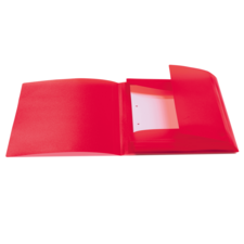 Roter Ordner mit zwei Fächern und einer transparenten Innentasche für Dokumente.