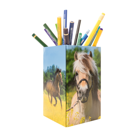 Ein Stiftehalter mit Bildern von Pferden, gefüllt mit bunten Stiften in verschiedenen Farben.