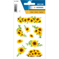 Aufkleber mit verschiedenen Sonnenblumenmotiven, umgeben von grünen Blättern, auf einem weißen Hintergrund.