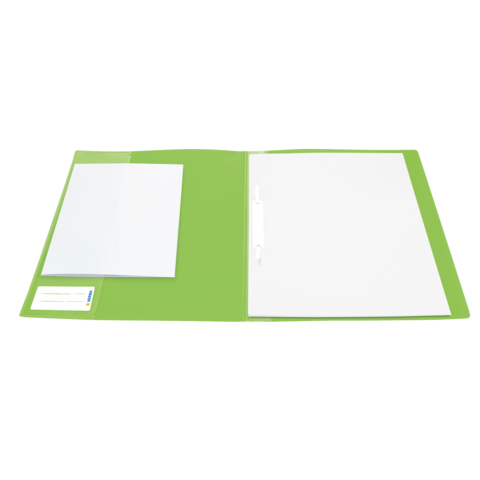 Grüner Ordner mit einem leeren Blatt Papier und einer zusätzlichen leeren Seite auf der linken Seite.