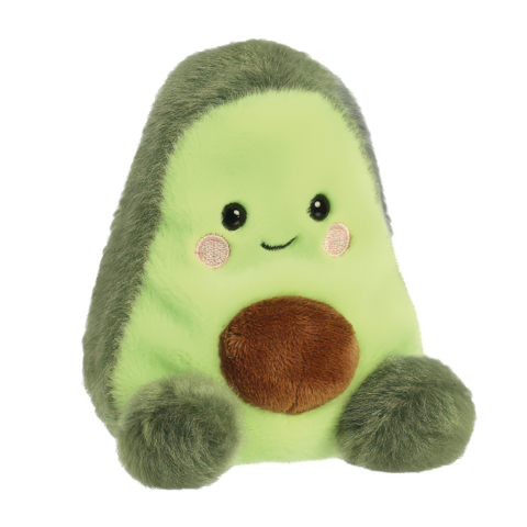 Kuscheliges Avocado-Plüschtier mit einem freundlichen Gesicht und einem braunen Kern, in sanften Grüntönen gestaltet.