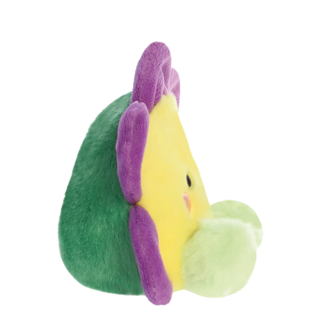 Plüschfigur in Form einer bunten Blume mit gelbem Kopf und lila sowie grünen Blütenblättern, seitlich betrachtet.