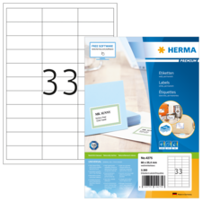 Etikettenpackung von Herma mit der Nummer 4275, zeigt die Verwendung für Adressetiketten und enthält 33 Etiketten pro Blatt.