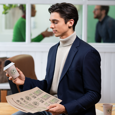 Ein junger Mann in einem eleganten Outfit hält einen Kaffeebecher und betrachtet eine Mappe mit Dokumenten in einem modernen Raum.