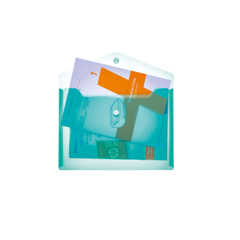 Transparente Mappe mit mehreren Dokumenten in verschiedenen Farben, darunter orange und blau, sichtbar im Inneren.