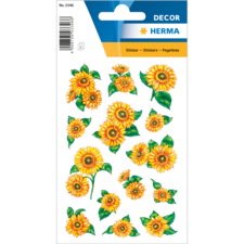 Bunte Aufkleber mit verschiedenen Sonnenblumenmotiven auf einem weißen Hintergrund. Enthält mehrere Größen und Designs.