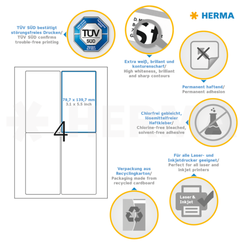 Etikettenbeschreibung mit technischen Details: Maße 78,7 x 139,7 mm, permanent haftend, chlorfrei, geeignet für Laser- und Inkjetdrucker." 

(Note: The original text is already in German and does not require translation. It is clear and fluent as it stands.)