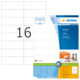 Etikettenblatt mit der Aufschrift "16", Informationen zu Herma Etiketten und Softwarehinweisen, sowie Produktdetails.