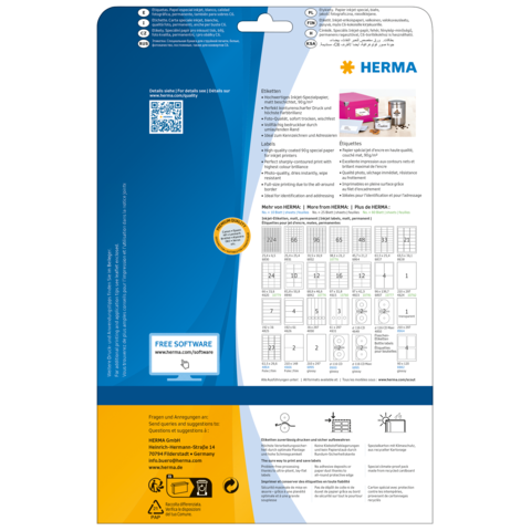 Rückseite einer Verpackung mit Informationen zu HERMA Produkten, einschließlich Anleitungen, QR-Code und Hinweisen zur kostenlosen Software.