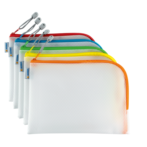 Sechs transparente Taschen in verschiedenen Farben mit Reißverschluss, ideal für die Aufbewahrung von Schreibwaren oder kleinen Gegenständen.