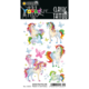Bunte temporäre Tattoos mit Einhörnern, Schmetterlingen und Regenbogenmotiven auf einem schwarzen Hintergrund.