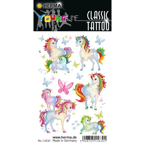 Bunte temporäre Tattoos mit Einhörnern, Schmetterlingen und Regenbogenmotiven auf einem schwarzen Hintergrund.