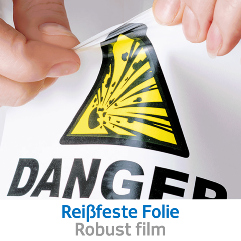 Eine Hand zieht an einer gelben Warnfolie mit dem Symbol für Gefahr, darunter steht "Reißfeste Folie" und "Robust film".