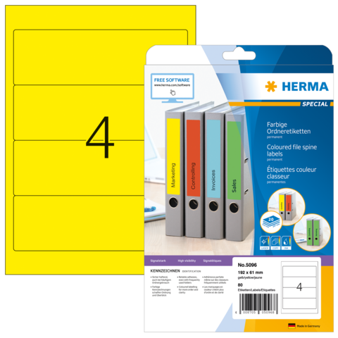 Gelbe Etiketten für Ordner mit der Aufschrift "4" und einer Rückseite, die die Verwendung von farbigen Etiketten zeigt.