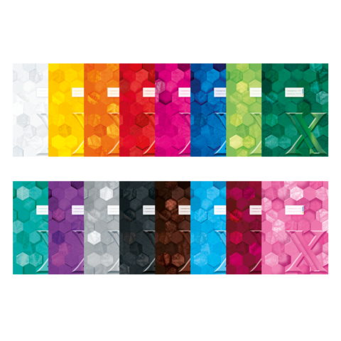 Bunte Notizhefte in verschiedenen Farben, angeordnet in zwei Reihen, mit hexagonalen Mustern und einem großen "X" auf einigen Heften.