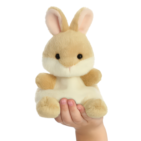 Eine Hand hält ein kuscheliges Kaninchen mit großen Ohren und einem freundlichen Gesicht.