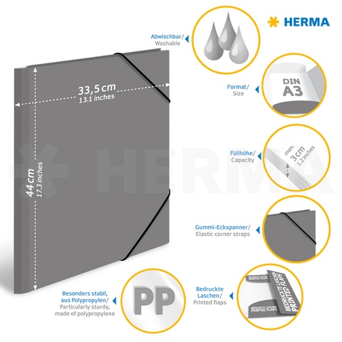 Graue DIN A3-Mappe mit elastischen Eckspannern, abwaschbar, aus Polypropylen, stabil und mit bedruckten Laschen. Maße: 44 cm x 33,5 cm.
