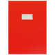 Rotes Heft mit einem weißen Etikett in der oberen linken Ecke, das Platz für Beschriftungen bietet.