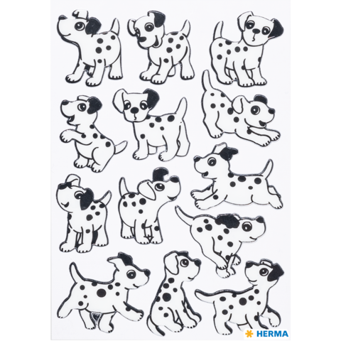 Ein Blatt mit Aufklebern, das verschiedene niedliche Hundemotive zeigt, darunter Dalmatiner in verschiedenen Posen und Ausdrücken.
