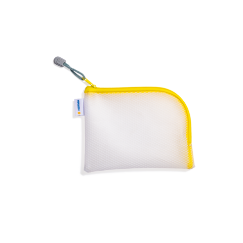 Gelbe und weiße Tasche mit Reißverschluss, ideal für die Aufbewahrung von kleinen Gegenständen oder Zubehör.