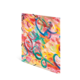 Bunte abstrakte Malerei mit geschwungenen Linien und Formen in Pink-, Blau- und Gelbtönen.
